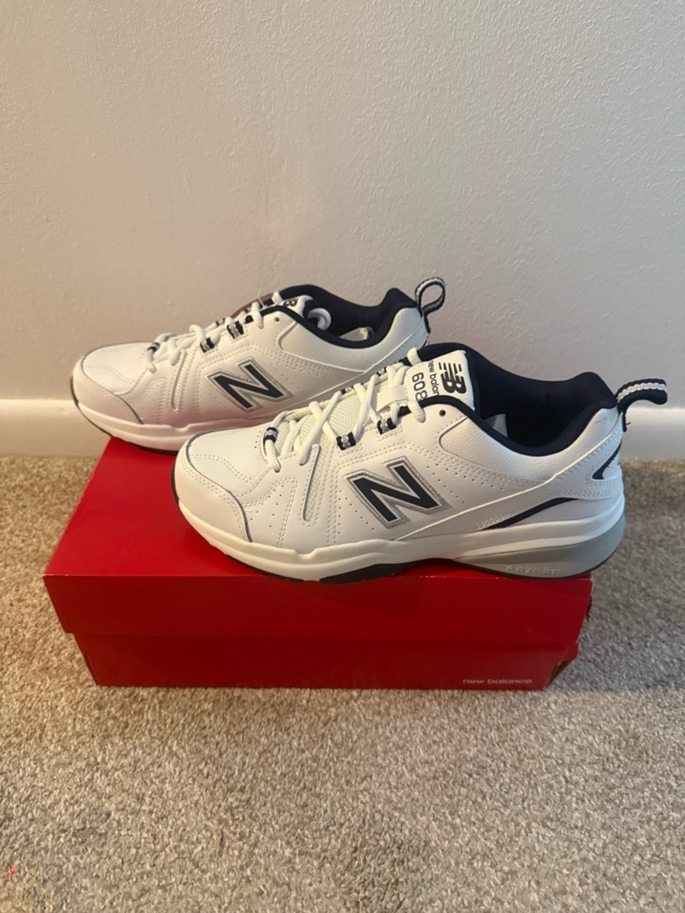 New Balance White and Navy 608 Lace-Up Sneakers